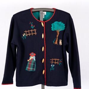 Vintage Embroidered Women's Cardigan SZ Medium Cottage Farm Dog Pastoral Nature